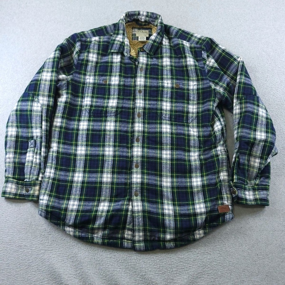 L.L.Bean Shirt Jacket Mens Medium Green Blue Plaid Sherpa Lined Flannel Shacket